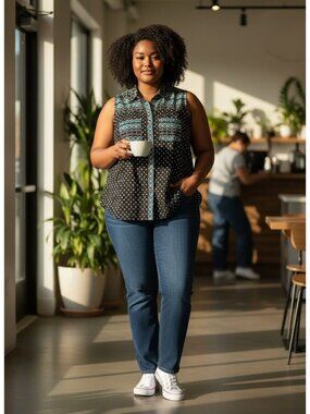Anthropologie Akemi + Kin XS Black Sleeveless Button-Down Top Blue Geometric Ray